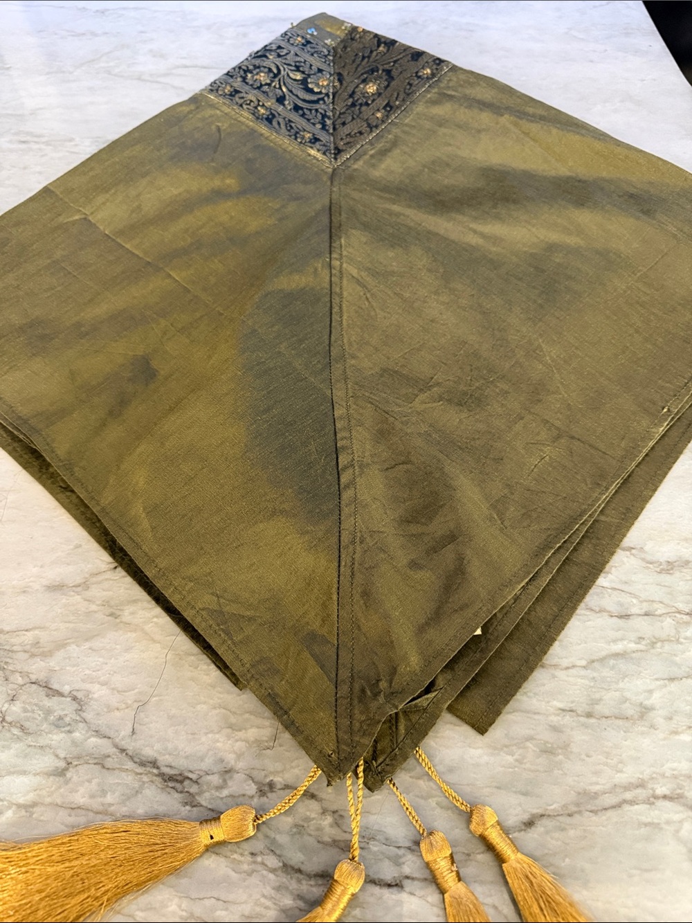 Olive Green Embroidered Cotton Throw/ table cover with goldTassels